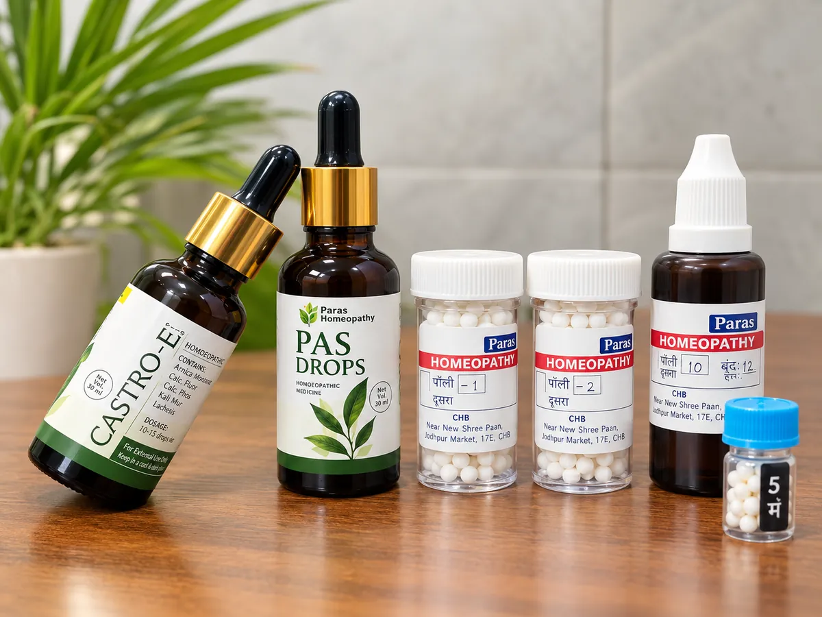 Paras Homeopathy medicines included in the Bundle Plan: dropper bottles, globule containers and a pill vial