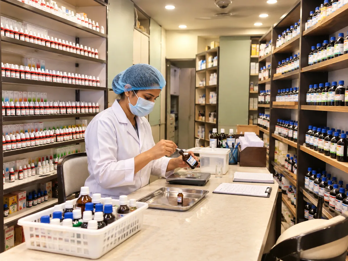 Homeopathic medicines being dispensed at the Paras Homeopathy in-house pharmacy, Jodhpur