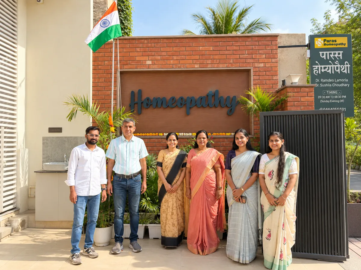 The Paras Homeopathy team with Dr. Ramdeo Lamoria outside the clinic in Sardarpura, Jodhpur