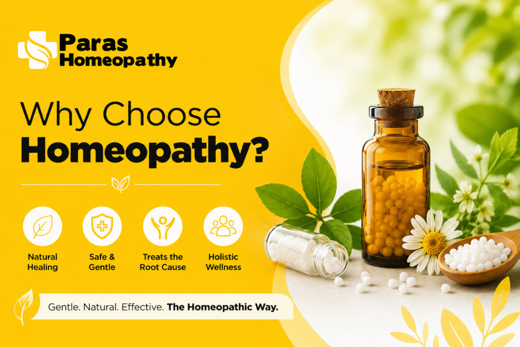 Why Choose Homeopathy blog featured image by Paras Homeopathy showing homeopathic medicine bottles, natural herbs, and holistic healing benefits in yellow brand theme.