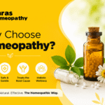 Why Choose Homeopathy blog featured image by Paras Homeopathy showing homeopathic medicine bottles, natural herbs, and holistic healing benefits in yellow brand theme.