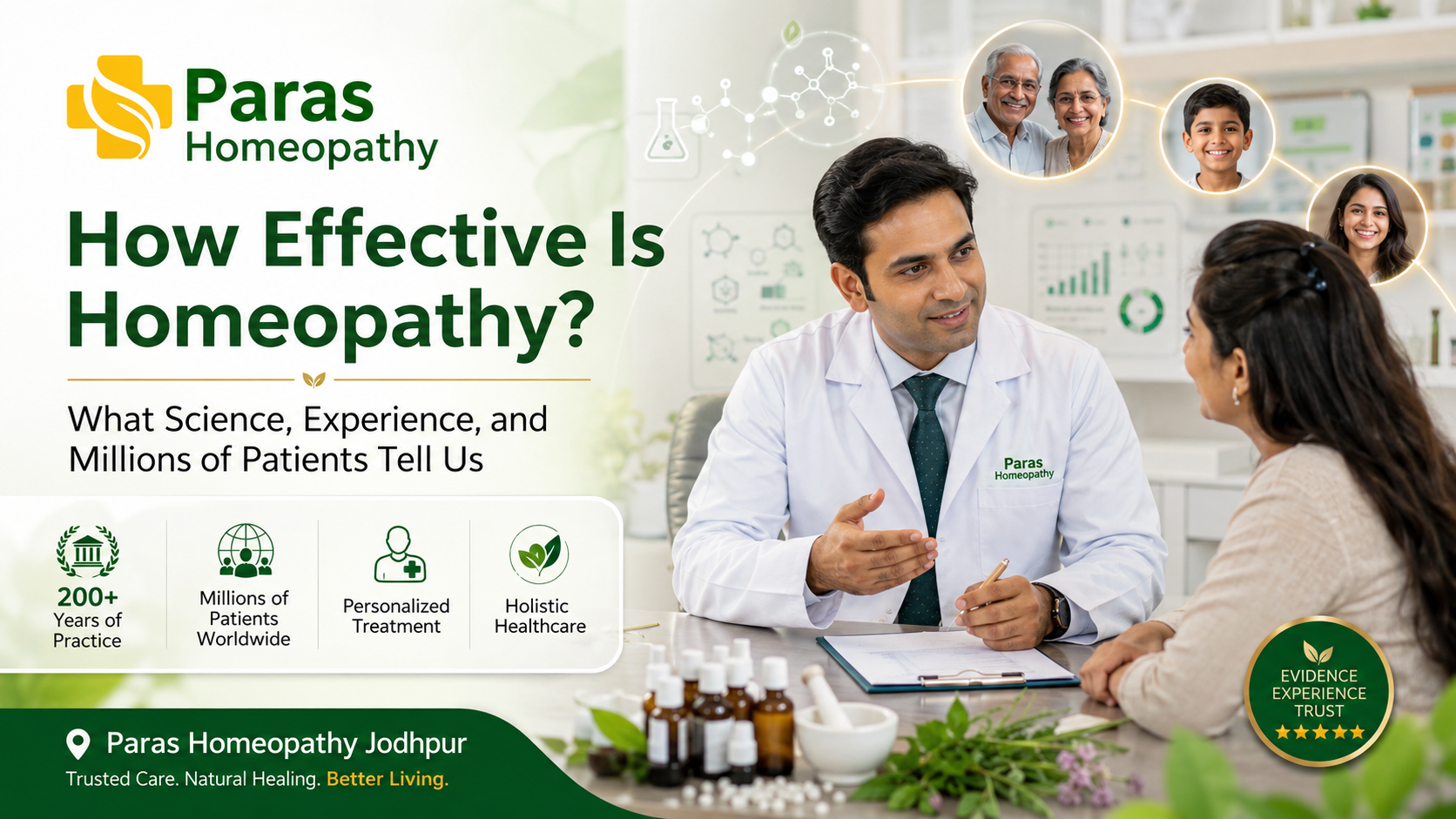 Homeopathic doctor consulting a patient at Paras Homeopathy Jodhpur, with homeopathic medicines, herbal remedies, patient success icons, and the headline "How Effective Is Homeopathy? What Science, Experience, and Millions of Patients Tell Us."